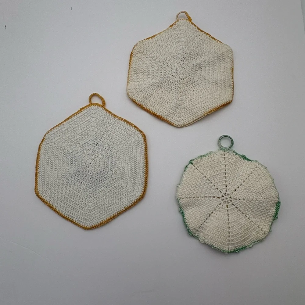 Theee Vintage Handmade Crochet Floral Pot Holders